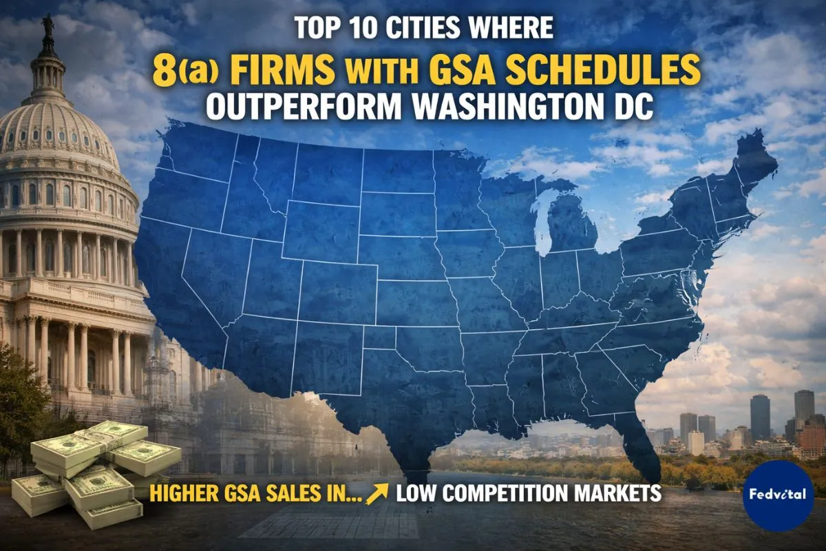 Infographic showing top 10 Cities Where 8(a) GSA Schedule Firms Outperform