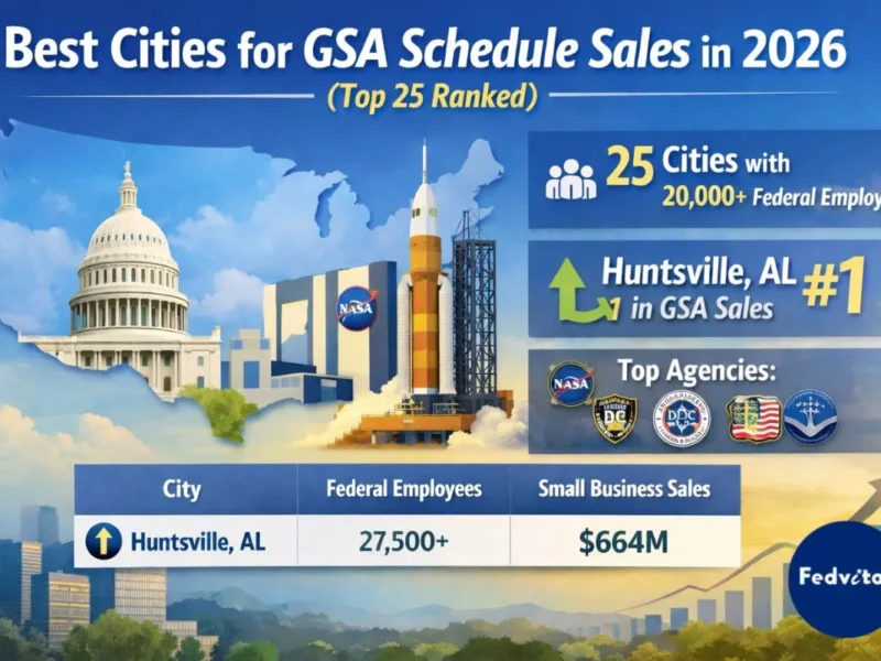 GSA Schedule sales by city infographic showing top 25 cities ranked by federal employees and small business contract revenue in 2026