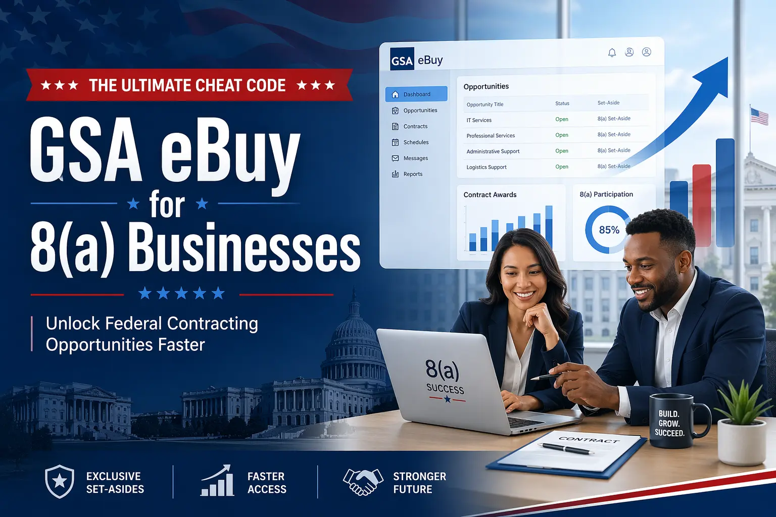 GSA eBuy for 8(a) businesses dashboard showing federal contracting opportunities and growth strategy