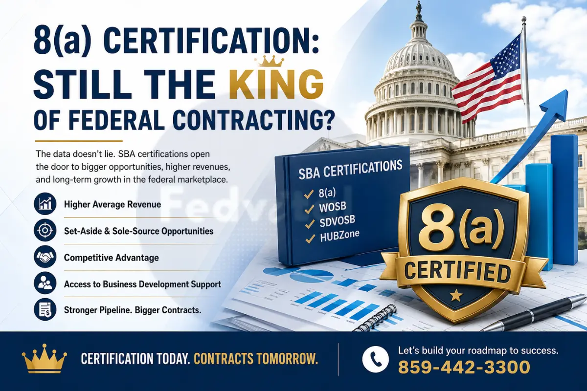 8(a) Certification infographic highlighting higher federal contracting revenue and SBA certification advantages.