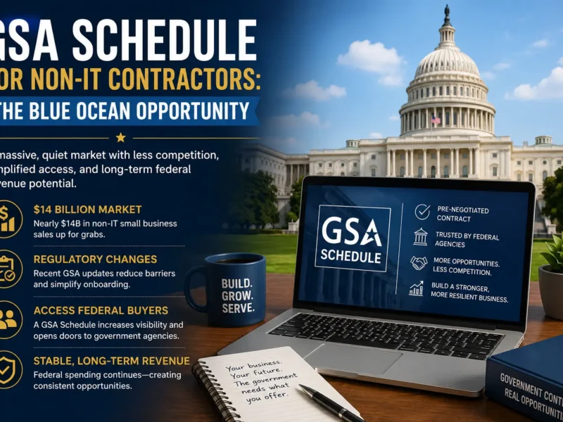 GSA Schedule for non-IT contractors infographic showing federal contracting opportunities and government procurement benefits.
