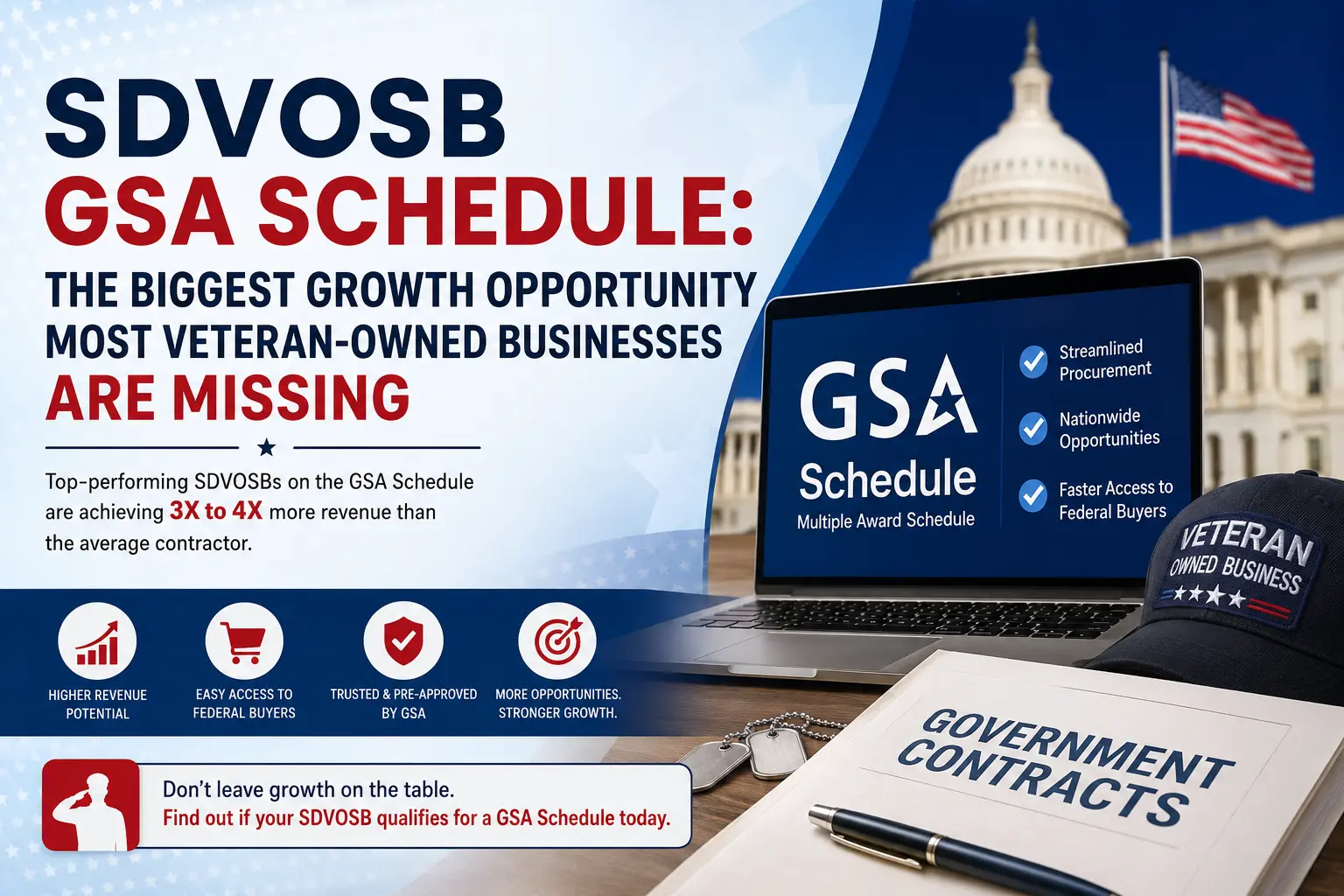 SDVOSB GSA Schedule growth opportunities for veteran-owned businesses with federal government contracting and procurement illustration