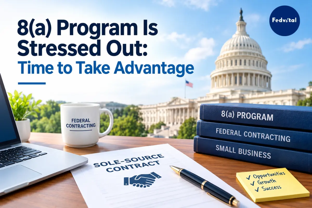 8(a) program and federal contracting with 8(a) sole-source contracts document and the U.S. Capitol in the background.