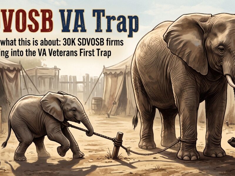 Baby elephant pulling against a rope beside an adult elephant, symbolizing SDVOSB firms breaking free from VA contracting limitations and exploring GSA Schedule opportunities.