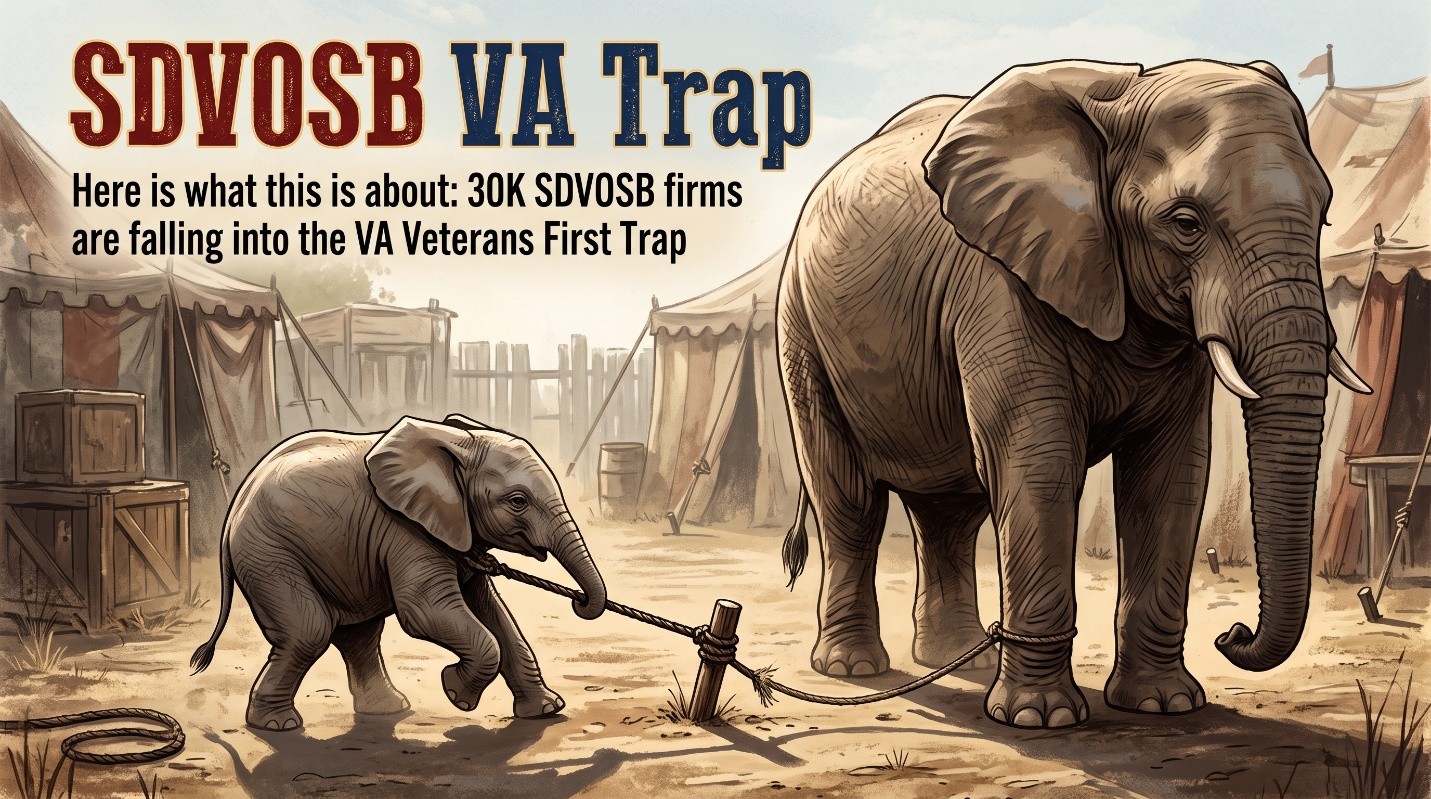 Baby elephant pulling against a rope beside an adult elephant, symbolizing SDVOSB firms breaking free from VA contracting limitations and exploring GSA Schedule opportunities.